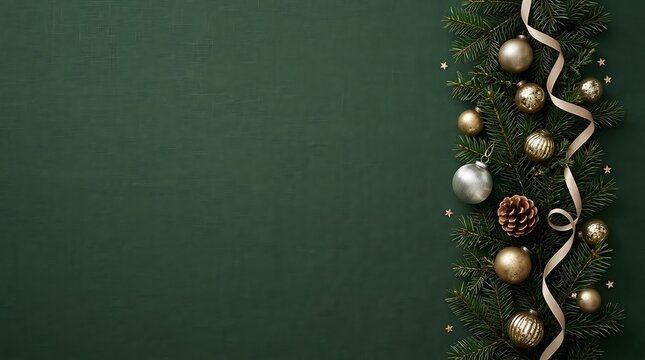 Festive christmas holiday border with pine branches and golden ornaments on a dark green textured background
