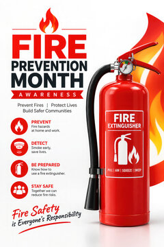Fire Prevention Month Awareness Poster with Red Fire Extinguisher and Fire Safety Message &ndash; October Fire Prevention Campaign,,,
