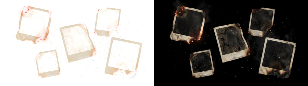 Photo frames with burnt edges and glowing embers for horror designs, offered as PNG, Transparent and Black Background Versions