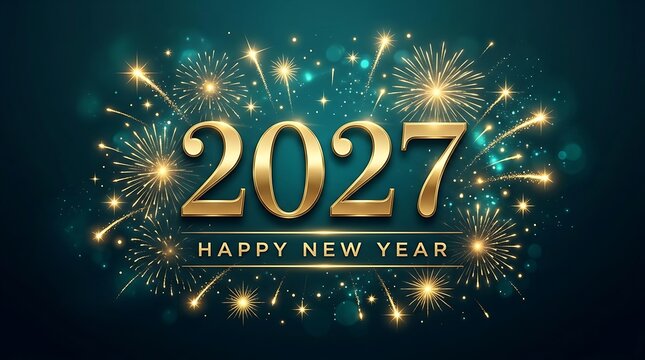 Golden 2027 happy new year greeting card design with festive fireworks against a dark teal background
