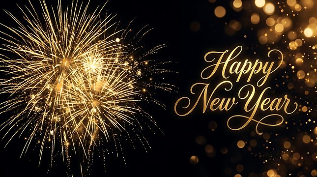 Golden fireworks display with elegant Happy New Year script lettering on a dark background