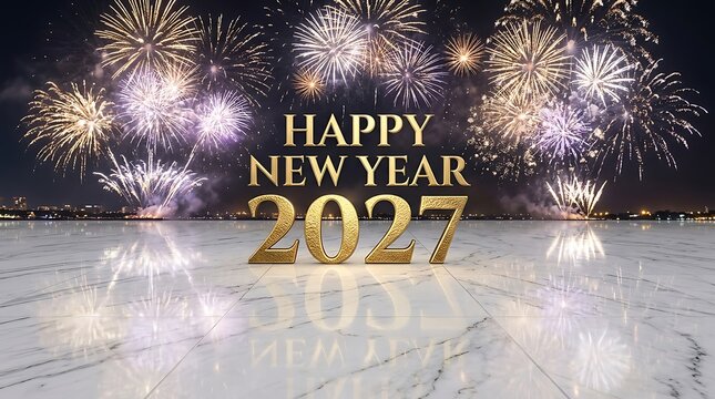 Happy New Year 2027 gold text with bright colorful fireworks display over a polished marble floor background