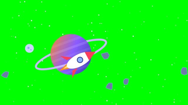 Cartoon space rocket flying around Saturn planet on green screen, 2D animation of spaceship in galaxy with stars and asteroids, chroma key video
