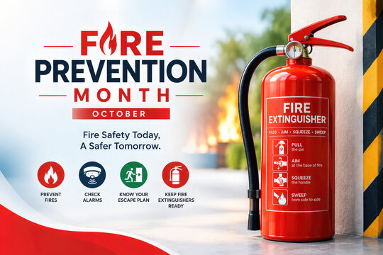 Fire Prevention Month Awareness Poster with Red Fire Extinguisher and Fire Safety Message &ndash; October Fire Prevention Campaign,,,