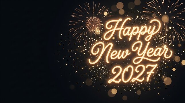 Happy New Year 2027 greeting card with glowing golden neon lettering and festive fireworks background design