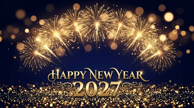 Happy New Year 2027 greeting card with golden fireworks and glowing bokeh light effects on dark background