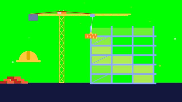Construction site flat animation on green screen, yellow tower crane building skyscraper, industrial development concept with hard hat and bricks