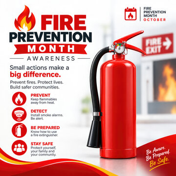 Fire Prevention Month Awareness Poster with Red Fire Extinguisher and Fire Safety Message &ndash; October Fire Prevention Campaign,,,