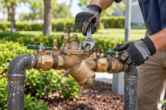technician repairing a backflow preventer outdoors