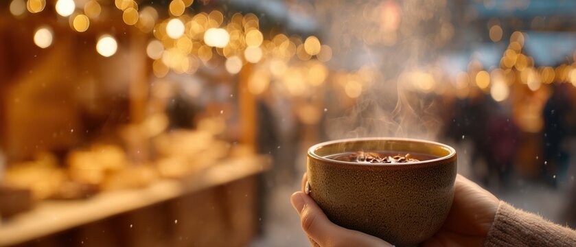 Person Holding Steaming Hot Drink at Festive Christmas Market