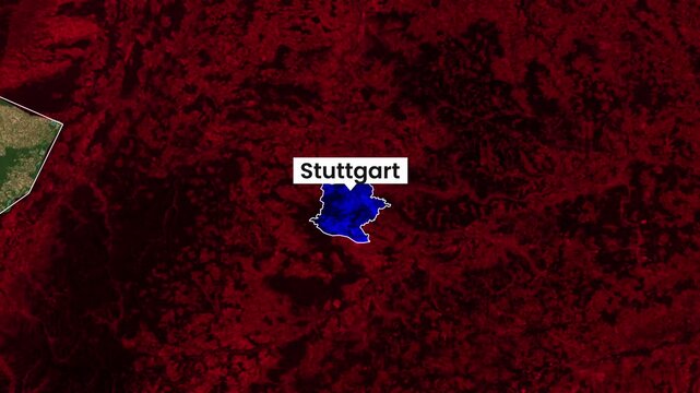 Stuttgart map highlighted in blue on satellite imagery video footage