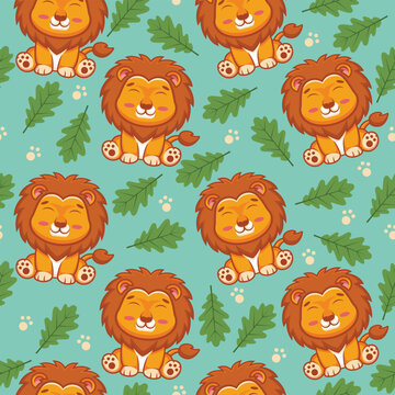 Lion and Oak leaf cartoon pattern background