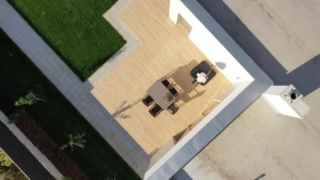 Top view of a modern open terrace with furniture