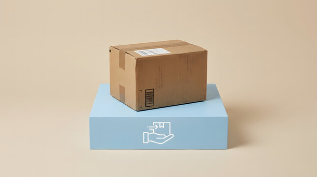 A simple cardboard box sits atop a light blue platform, symbolizing delivery and logistics.The box is closed and ready for shipment