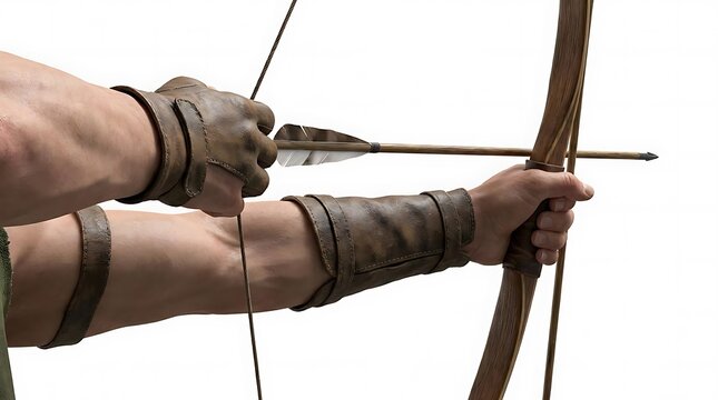 Archer pulling arrow on wooden recurve bow.