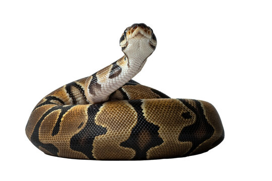 Curious ball python snake coiled up on a white background
