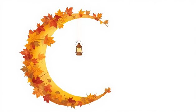 Yellow crescent moon decorated with autumn maple leaves and a hanging vintage lantern autumnal moon fall season seasonal decor fall foliage golden moon autumn graphic nature moon fall theme