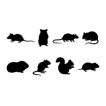 Collection of rodent silhouettes including rat, mouse, squirrel, and hamster isolated on a clean white background, minimalist flat vector icon illustration set.
