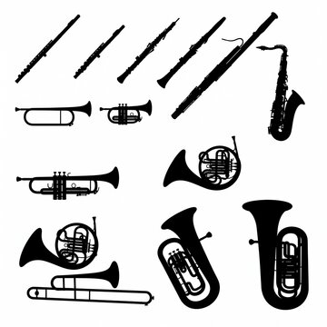 Comprehensive collection of brass and woodwind musical instrument silhouettes featuring flute, saxophone, trumpet, trombone, french horn, and tuba on white background.