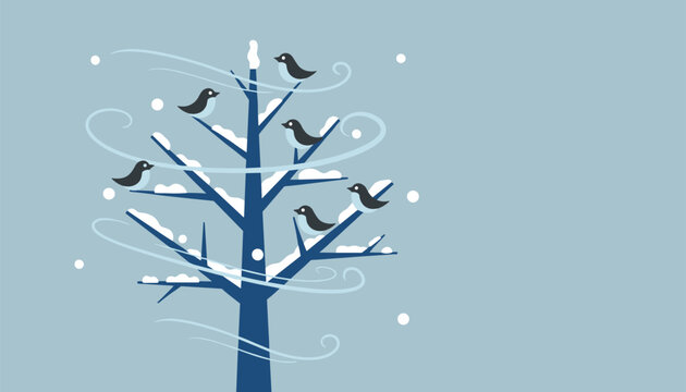 Six cute little birds sit on a snow-covered blue tree while cold winter winds blow swirls on a blue background.