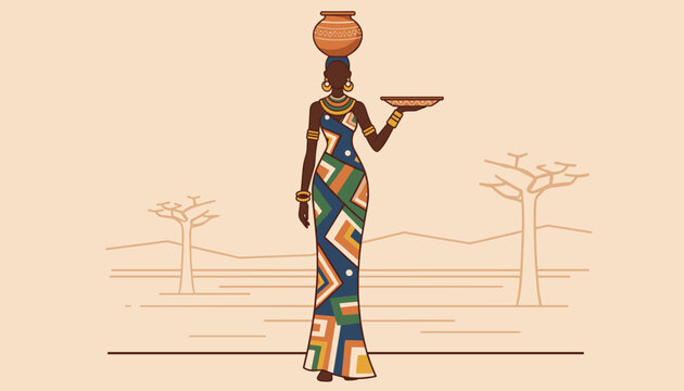 African woman in a geometric patterned dress carries a clay pot on her head and a plate on her outstretched hand.