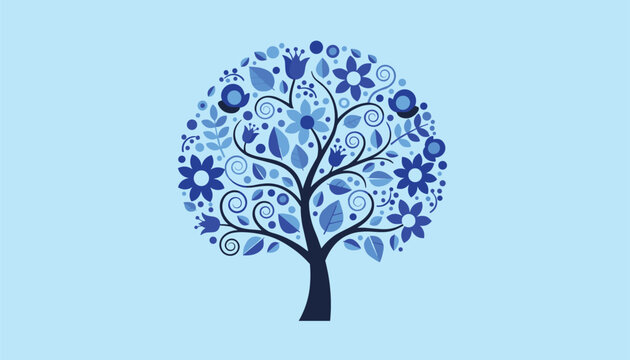 Round decorative tree made of beautiful blue flowers and swirling branches stands on a soft blue background.