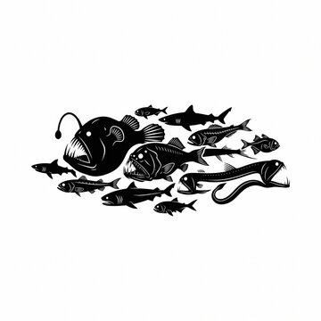 Silhouette collection of deep sea predatory fish including anglerfish and viperfish swimming together, isolated on a white background in minimalist graphic vector style.