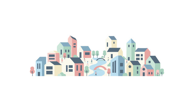 Pastel colored town landscape features minimal houses and a flowing blue river in a simple flat design.