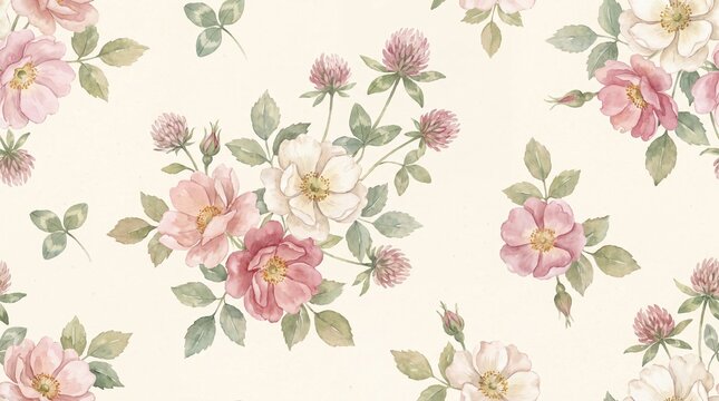 Seamless pattern of watercolor wild roses and pink clover blossoms on a creamy background