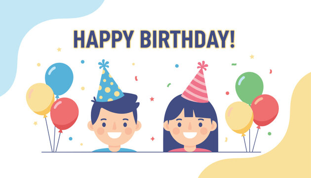 Colorful Happy Birthday card displays a cheerful boy and girl surrounded by party balloons and confetti.