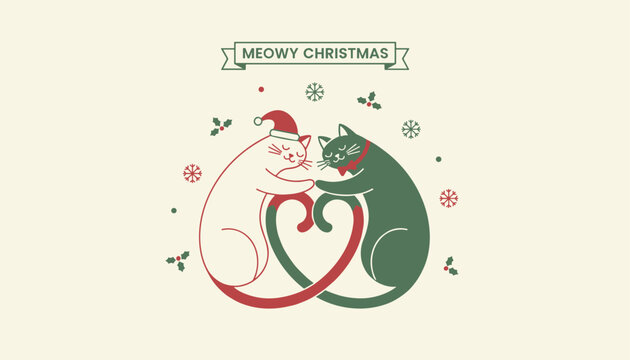 Two adorable cartoon cats hugging and forming a heart with their tails under a festive banner for christmas.