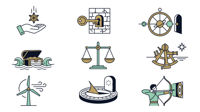 Vintage exploration and navigation featuring a hand with star, key, armillary sphere, treasure chest, scales, sextant, and windmill