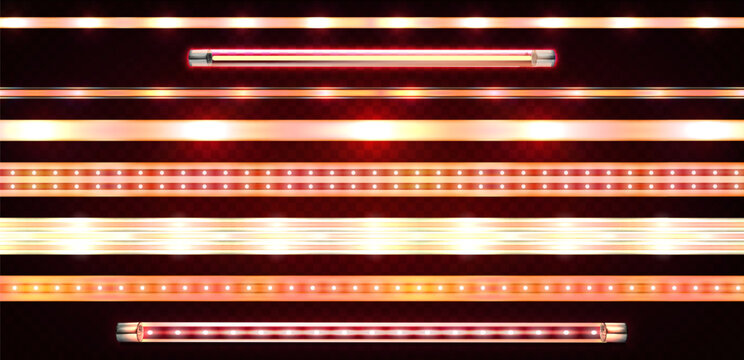 Vibrant LED strip lights, fluorescent tube with neon glow effect. Red orange string and bars, illuminated decoration for modern design. Vector objects for electric lighting projects and events.