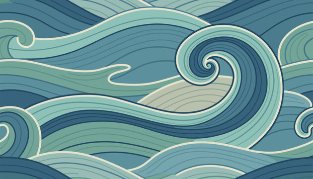 Beautiful japanese style seamless wave pattern in lovely shades of blue and green for sea or ocean background.