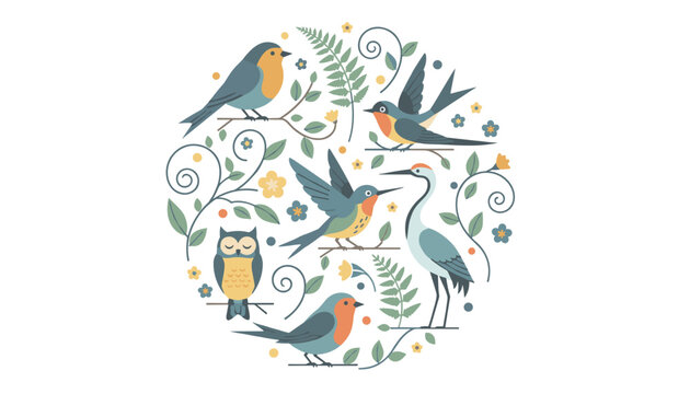 Beautiful circular composition of stylized forest birds including owl and robin with green leaves and flowers.