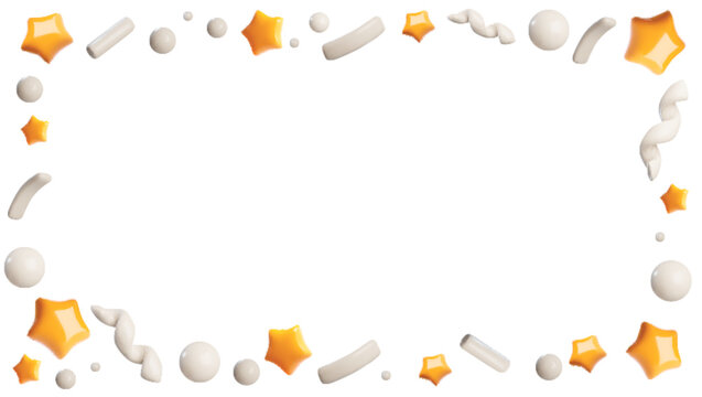 3D frame with confetti stars and ribbons. Vector party celebration scene with firecracker elements. Realistic festive parts - golden and white serpentine. Firework decorations border template.