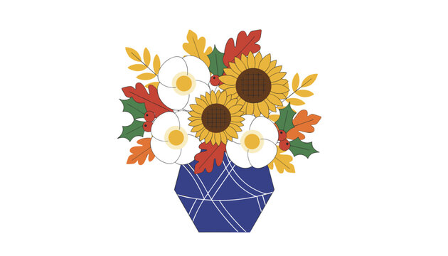 Lovely autumn bouquet with bright yellow sunflowers and white blossoms in a modern geometric blue vase on white.