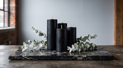 Minimalist Black Beeswax Candles and Dried Eucalyptus on Dark Marble © ard18
