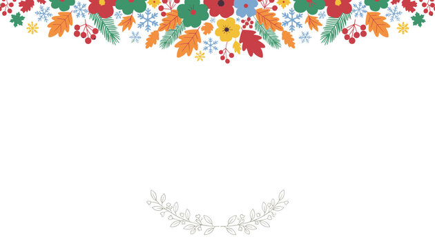 Festive floral garland template with colorful flowers, leaves, and snowflakes at the top of a white background.