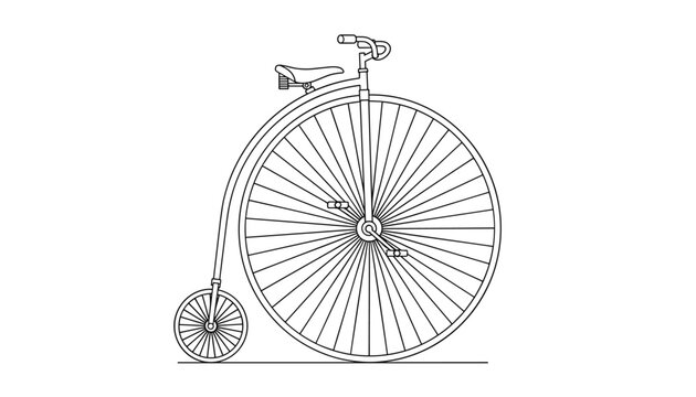 Black and white line drawing of a classic vintage penny-farthing bicycle with a large front wheel and small rear wheel.