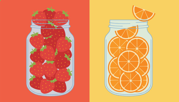 Two glass jars filled with fresh fruits, one containing red strawberries and the other containing orange slices.