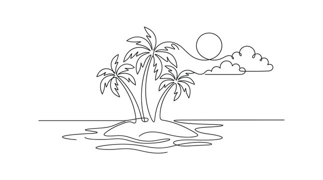 Tropical Island Oasis: A minimalist line art depiction of a serene tropical island with three palm trees, the sun, and clouds against a tranquil sea.