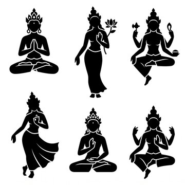 Set of traditional Buddhist and Hindu deity silhouettes featuring meditating Buddha, sacred dancing apsara, and multi-armed goddesses, isolated black vector icons on a white background.