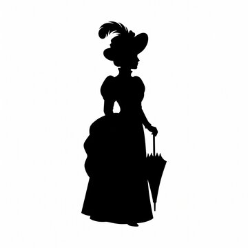 Elegant Victorian lady silhouette standing with a parasol in historical vintage gown and feathered hat, isolated on white background for classic retro design.
