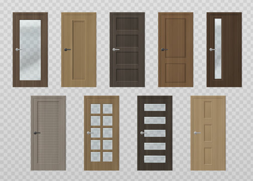 Realistic wooden doors with metal handles isolated on transparent backgroud. Vector set for modern house entrance or office interior design projects and architectural concepts. Front view