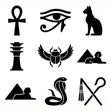Set of ancient Egyptian symbols and hieroglyphs featuring ankh, eye of horus, scarab beetle, sphinx, pyramid, and cat silhouettes on a clean white background.
