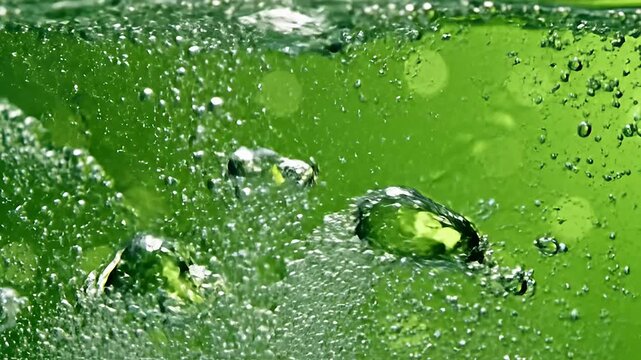 Macro view of green liquid with floating bubbles.