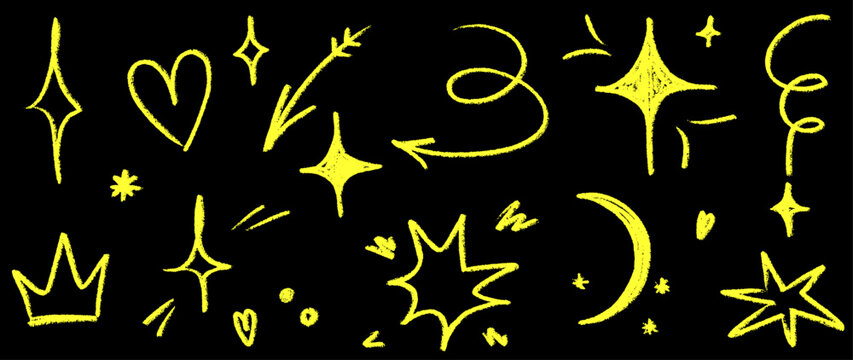 Sparkle star moon heart icon set. Hand drawn sparkle star moon crown line chalk doodle sketch brush twinkle. Cute neon yellow gold blackboard night sky texture background. Vector illustration