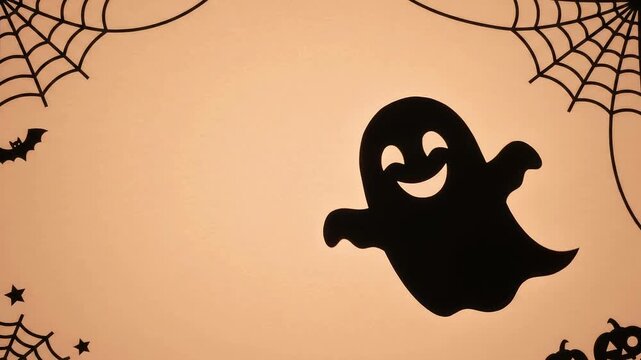 Halloween ghost silhouette swaying on peach background with copy space