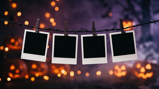 Halloween photo frames hanging on string. Four blank instant polaroid pictures with bokeh pumpkin lights and spooky purple background. Seasonal photography for autumn holiday events.